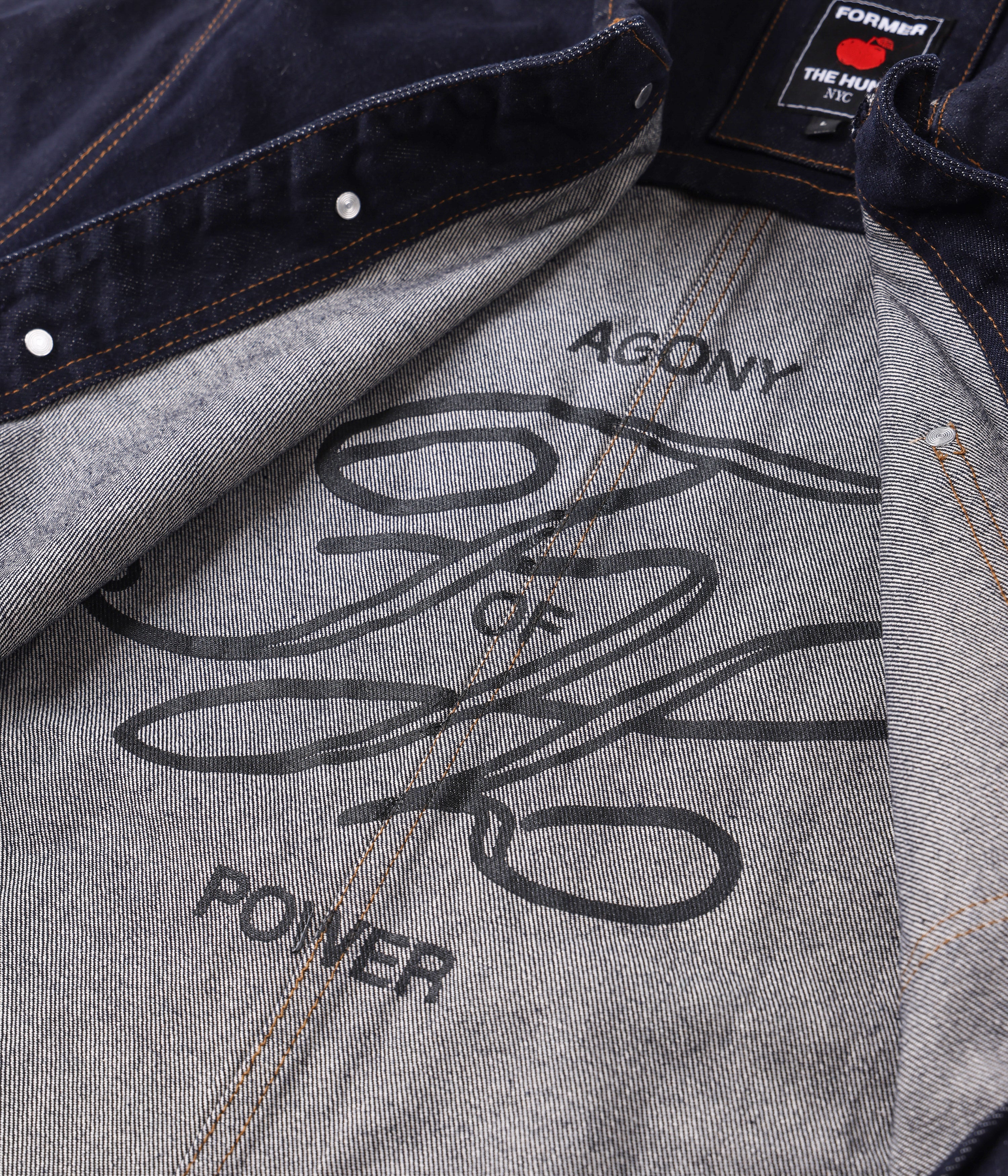 Gray jacket with 'Agony of Power' design and visible brand logo.