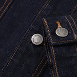 Close-up of a dark denim jacket with 'Former' branding on buttons.