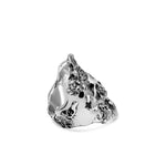 Silver ring with a textured design on a white background