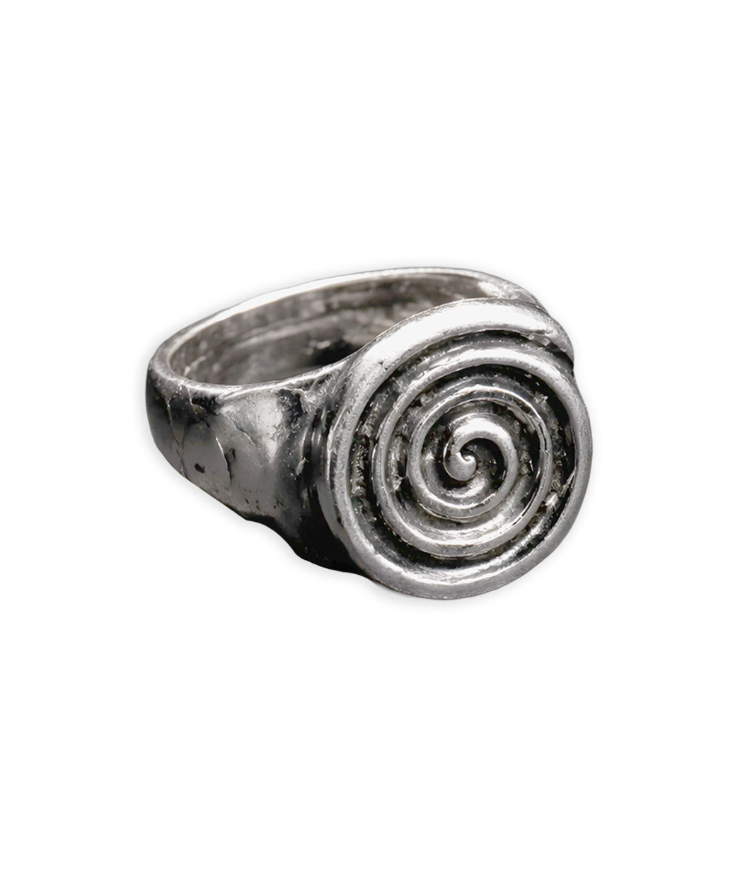 A textured sterling silver signet ring featuring a spiral design on the face, shown against a plain white background.