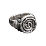 A textured sterling silver signet ring featuring a spiral design on the face, shown against a plain white background.