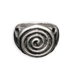 A silver-toned signet ring featuring a raised spiral design on the face, photographed against a plain white background.