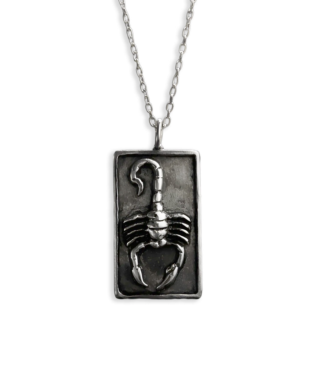 A silver-toned rectangular pendant necklace featuring a raised scorpion design, suspended from a matching chain against a plain white background.