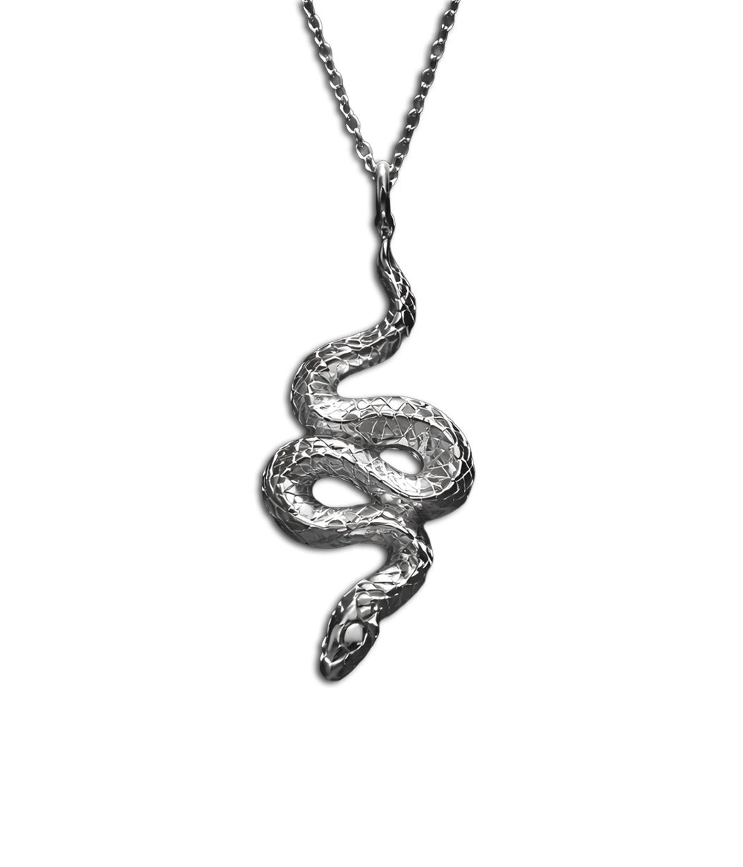silver snake pendant necklace on white background 
