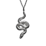 silver snake pendant necklace on white background 