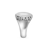 Silver ring with 'HEAVEN' engraving on a white background