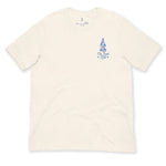 Beige t-shirt with blue graphic design on a white background