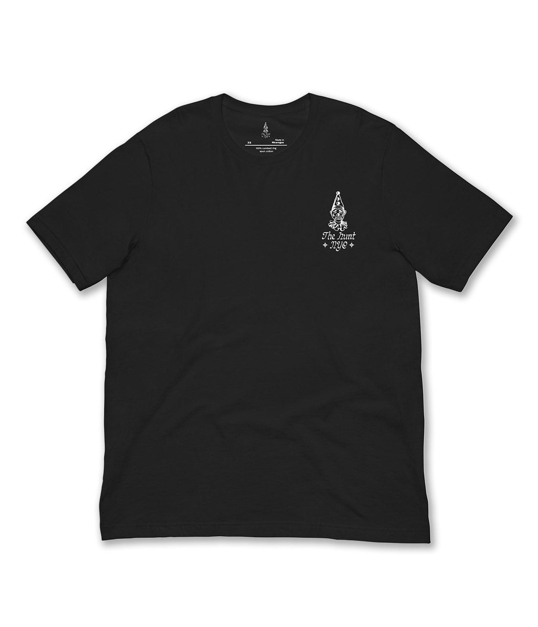 Black t-shirt with a small white graphic on the chest against a white background