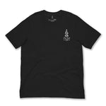 Black t-shirt with a small white graphic on the chest against a white background