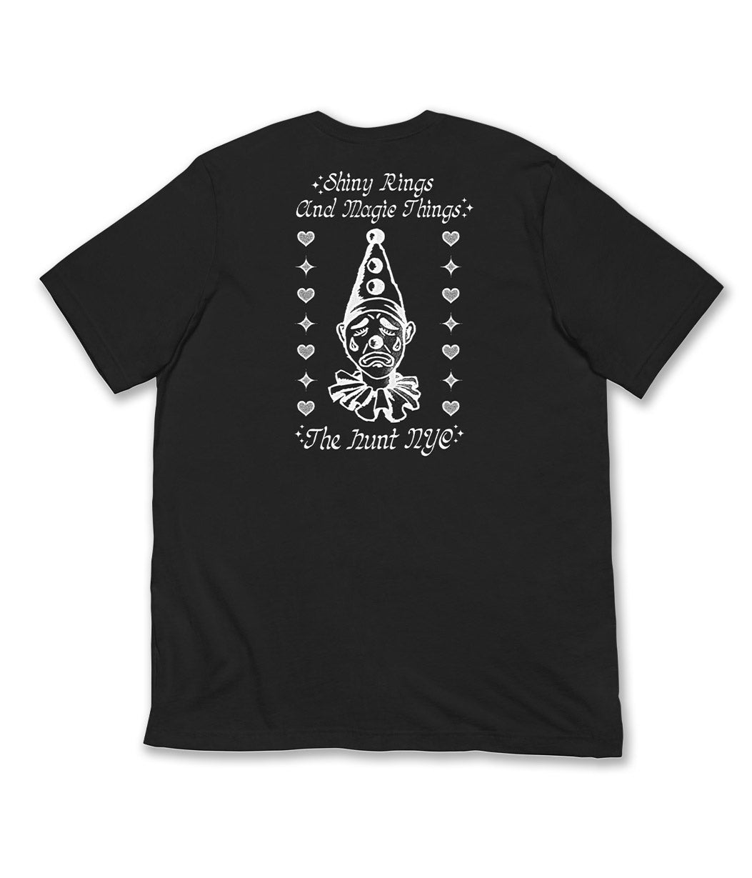 Black t-shirt with white graphic and text on a white background