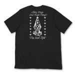 Black t-shirt with white graphic and text on a white background