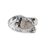 Silver ring with a large stone on a white background