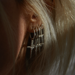 Close-up of an ear wearing a silver earring with a blurred background