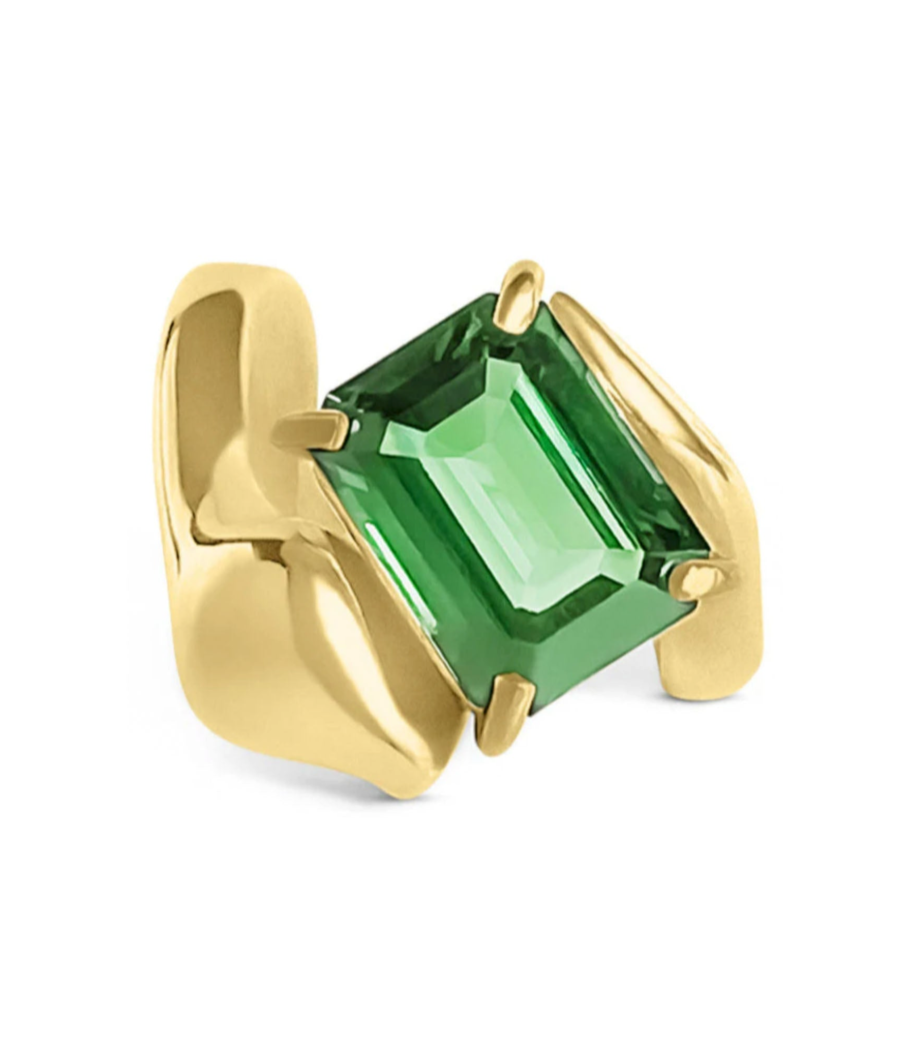 Gold ring with a green gemstone on a white background