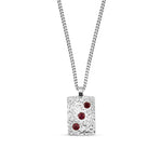 Necklace with a square pendant featuring red stones on a white background