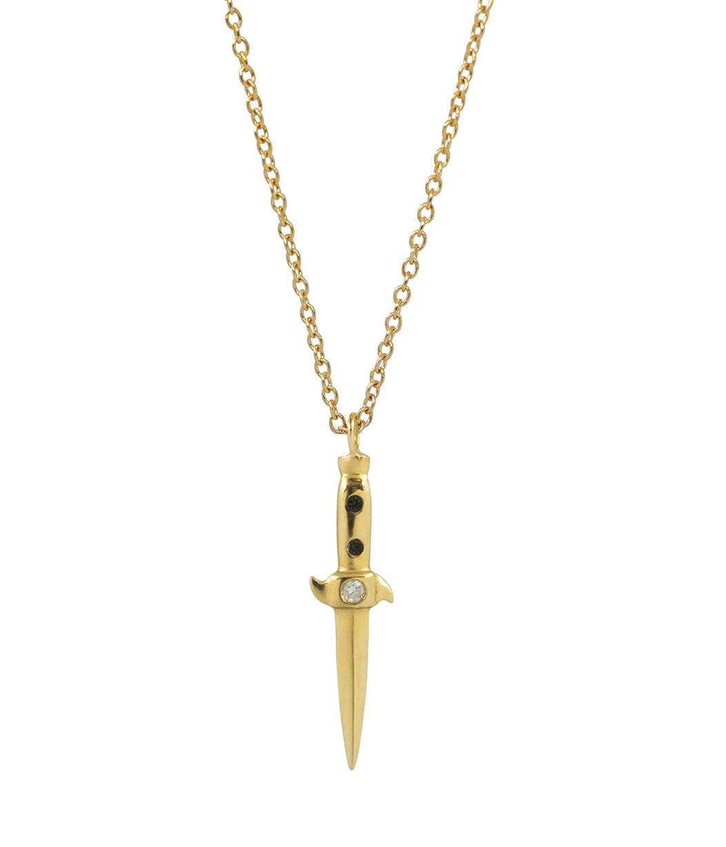 Gold dagger-shaped pendant necklace on a white background