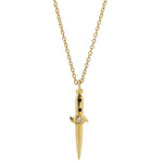 Gold dagger-shaped pendant necklace on a white background
