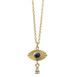Gold necklace with a rectangular pendant on a white background