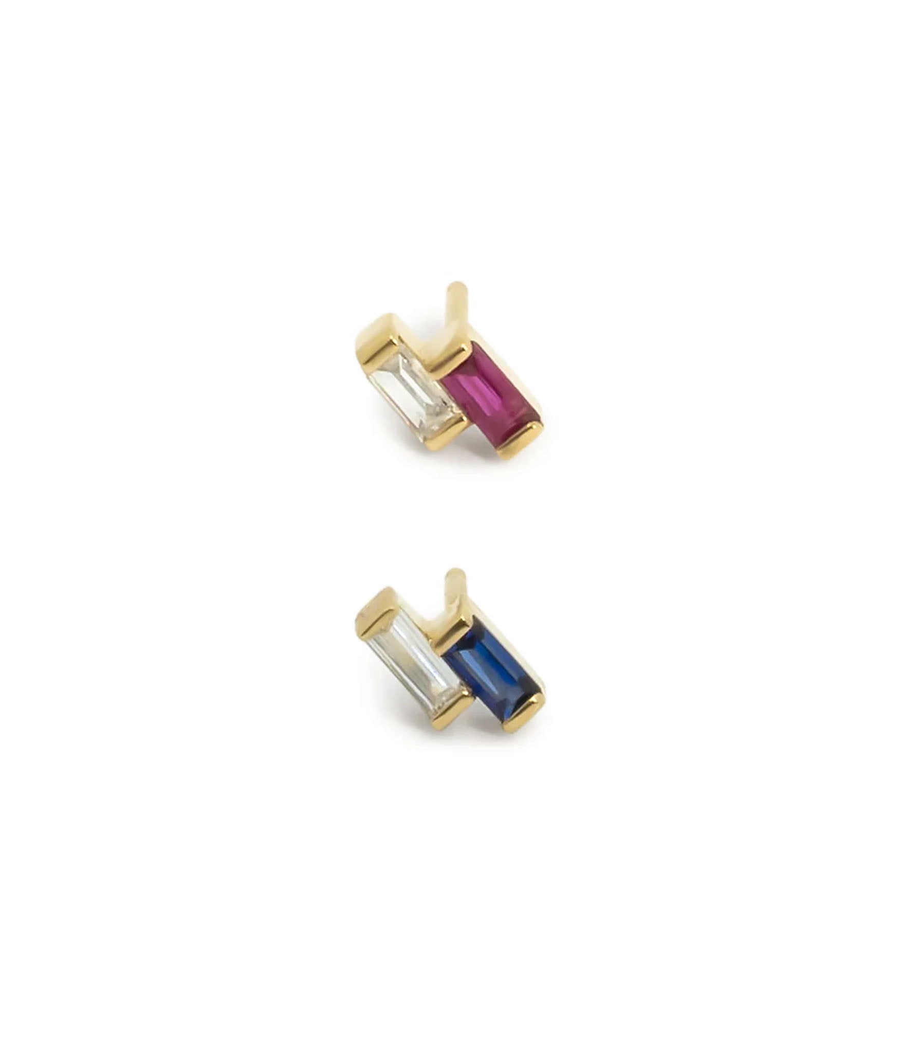 Gold Stud earrings with a Baguette cut diamond and ruby or sapphire side by side. Minimal and versatile.