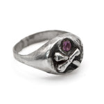 Silver ring with a purple gemstone on a white background