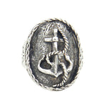 Silver ring with an anchor design on a white background