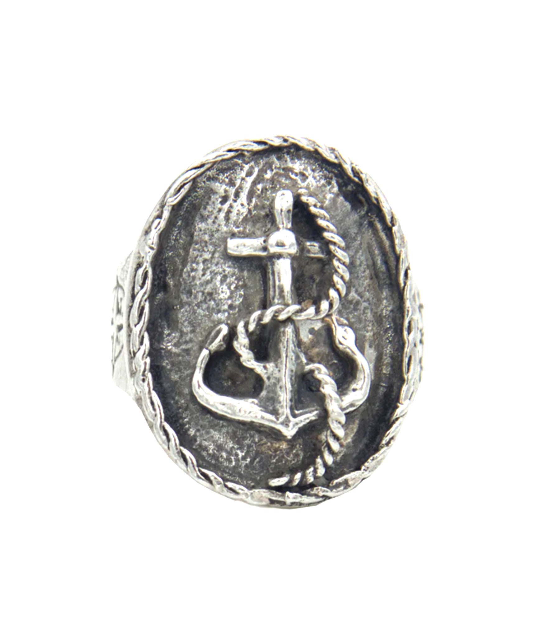 Silver ring with an anchor design on a white background