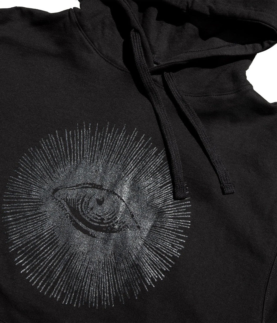 Black hoodie with an eye design on a white background