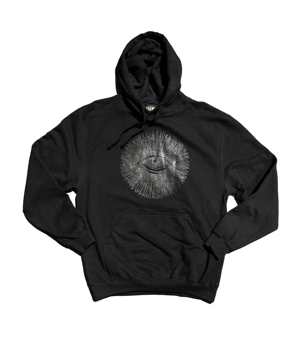 Black hoodie with a unique design on a white background