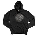 Black hoodie with a unique design on a white background