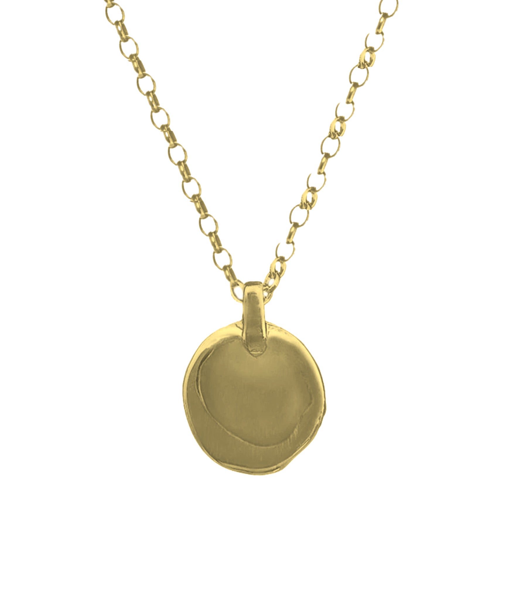 Gold necklace with a round pendant on a white background