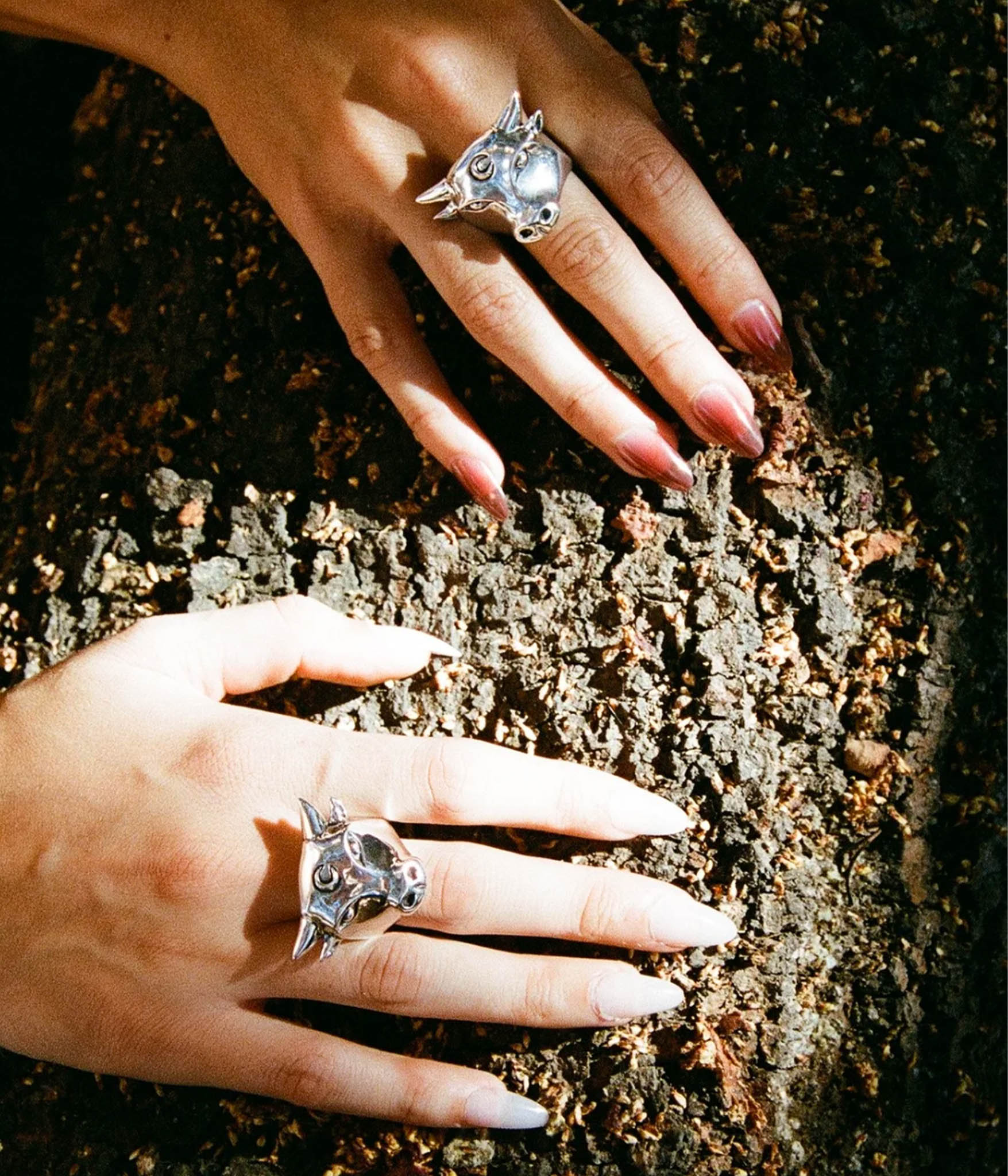 Two hands wearing silver rings with cat designs on a textured surface.