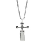 Silver cross pendant necklace on a white background