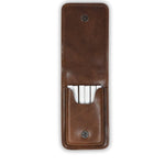 Brown leather wallet with silver card holder on a white background