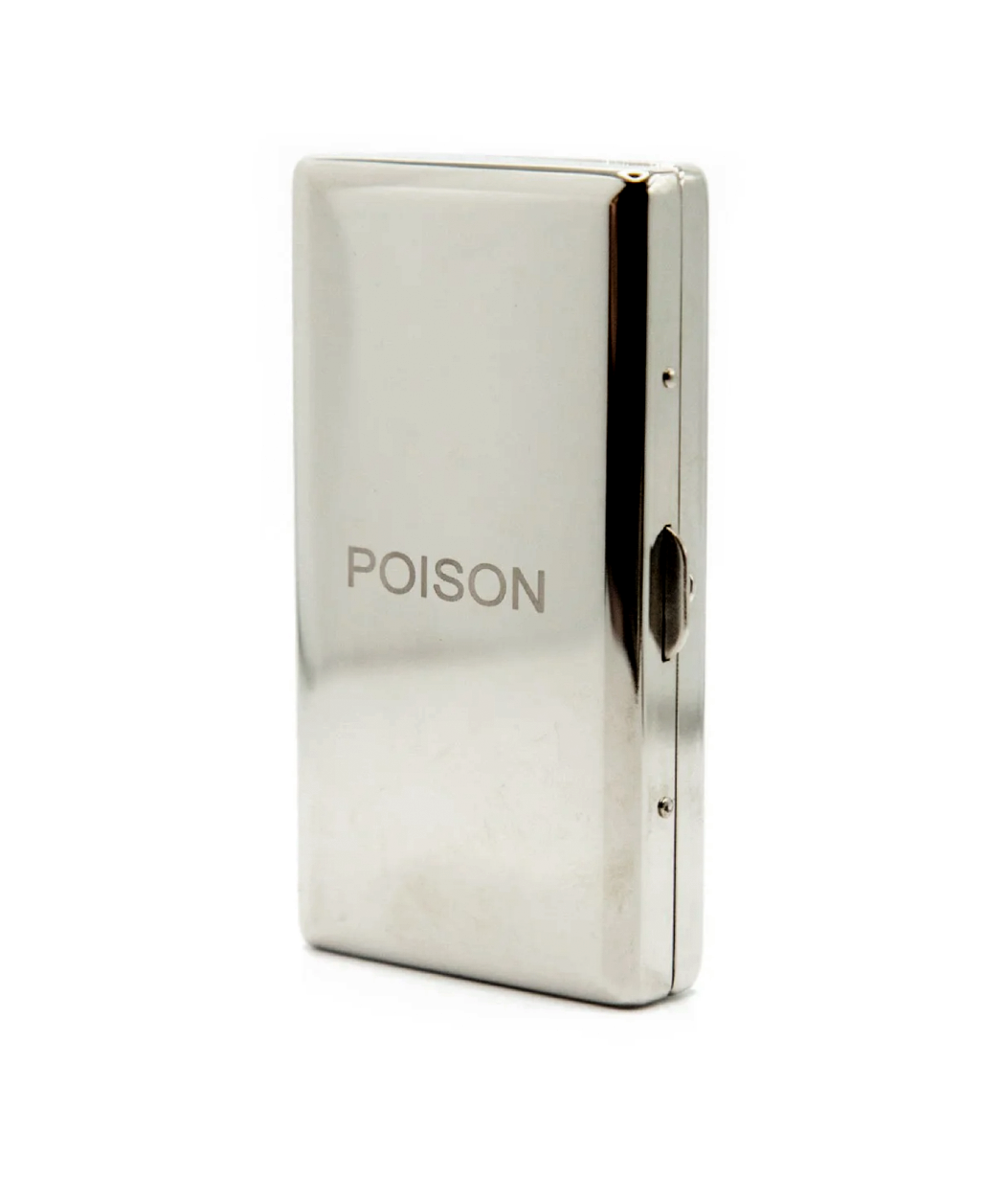 Metallic case with 'POISON' text on a white background