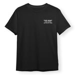 Black t-shirt with 'THE HUNT' text on a white background