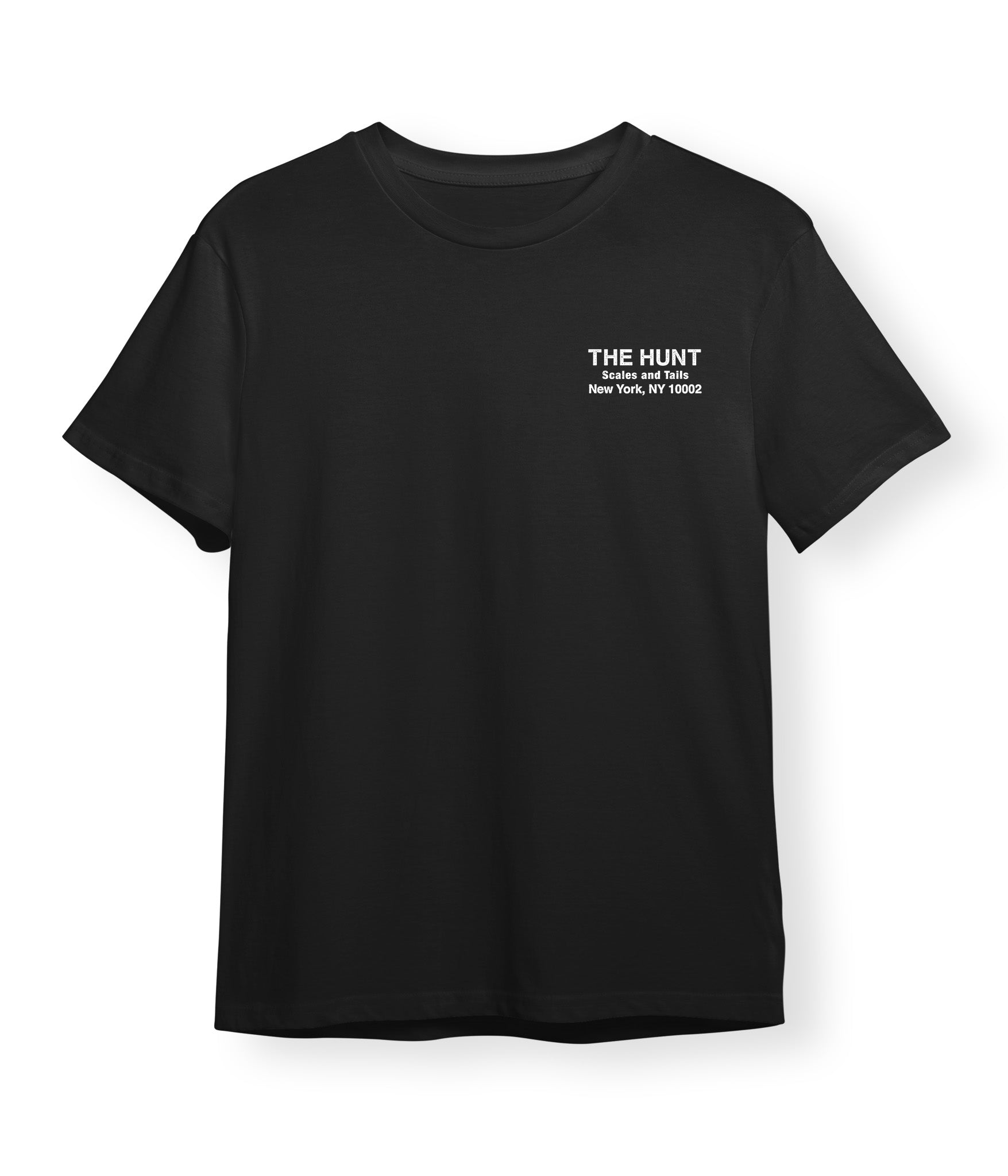 Black t-shirt with 'THE HUNT' text on a white background
