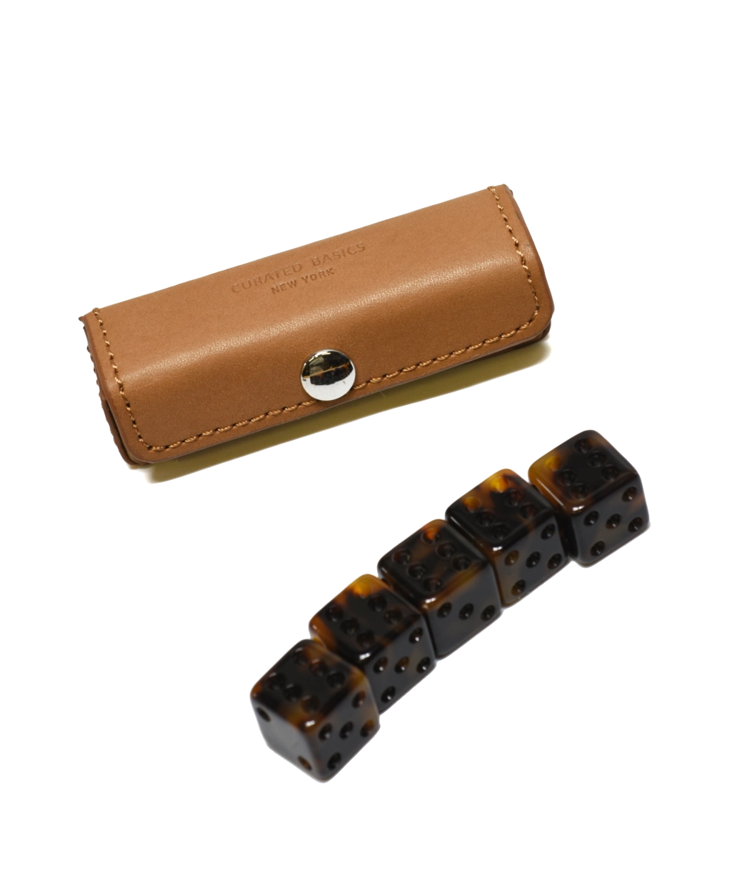 Set of tortoiseshell dice with a brown leather case on a white background