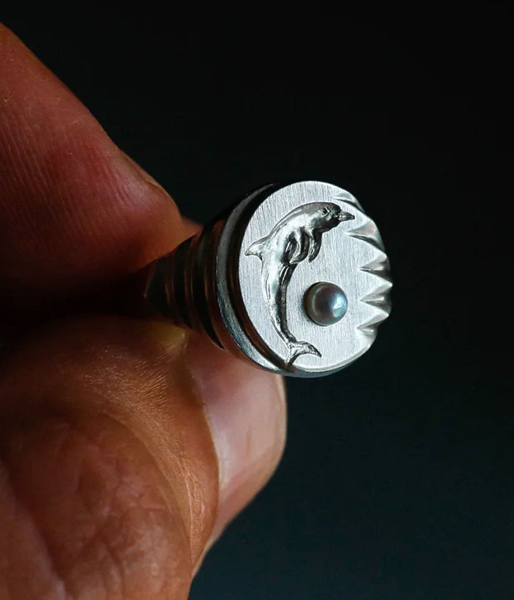 Sterling Signet with hand-engraved dolphin and 2mm natural pearl. 