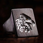 Silver eagle head ring on a dark background