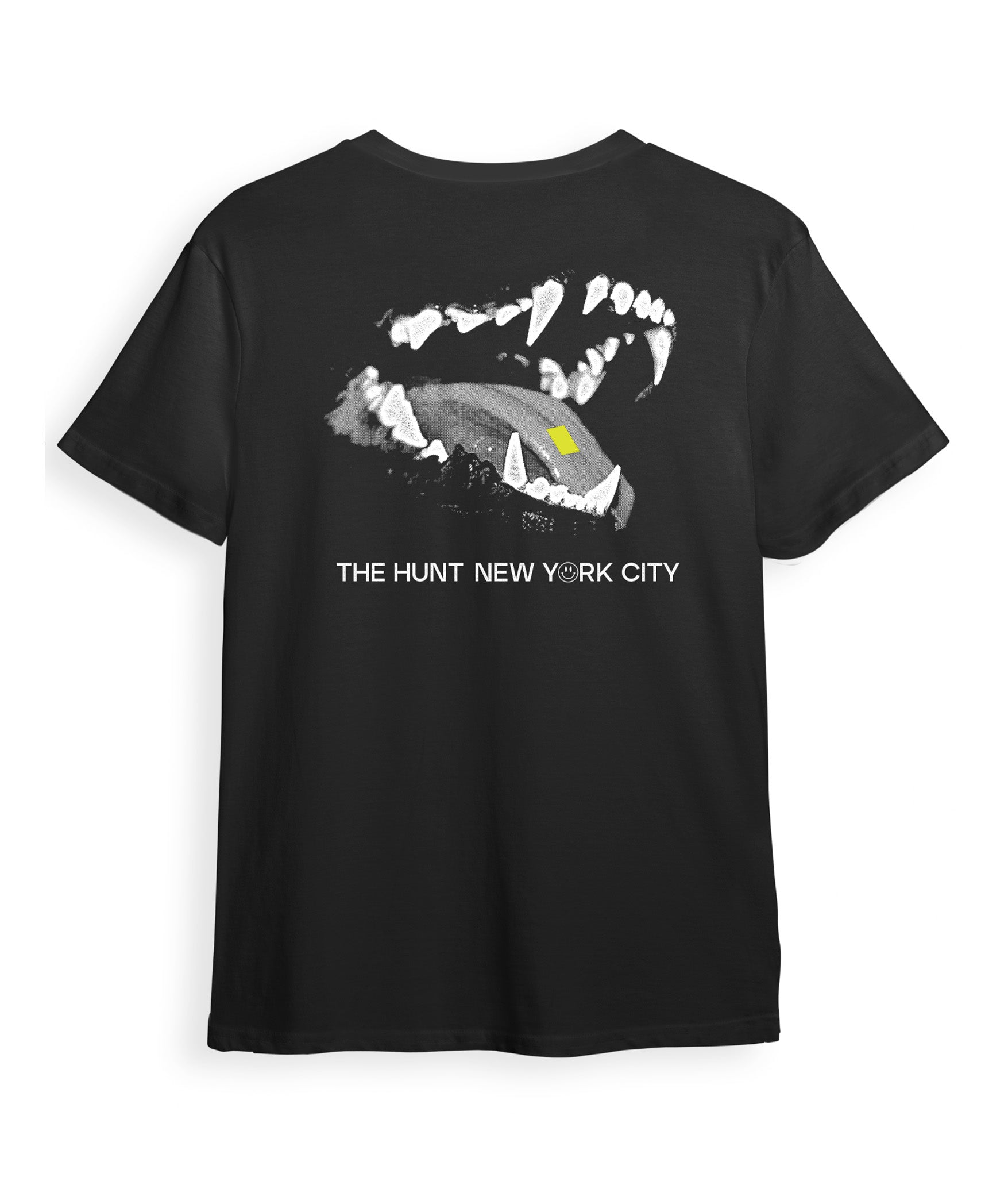 Black t-shirt with a graphic design and text on a white background