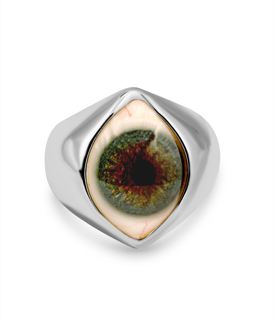 Silver ring with a colorful stone on a white background