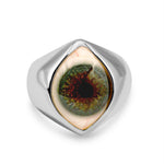 Silver ring with a colorful stone on a white background