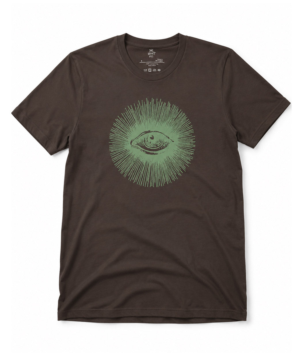 Black t-shirt with a logo on a white background