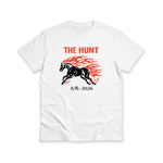 White t-shirt with a horse graphic and text on a white background