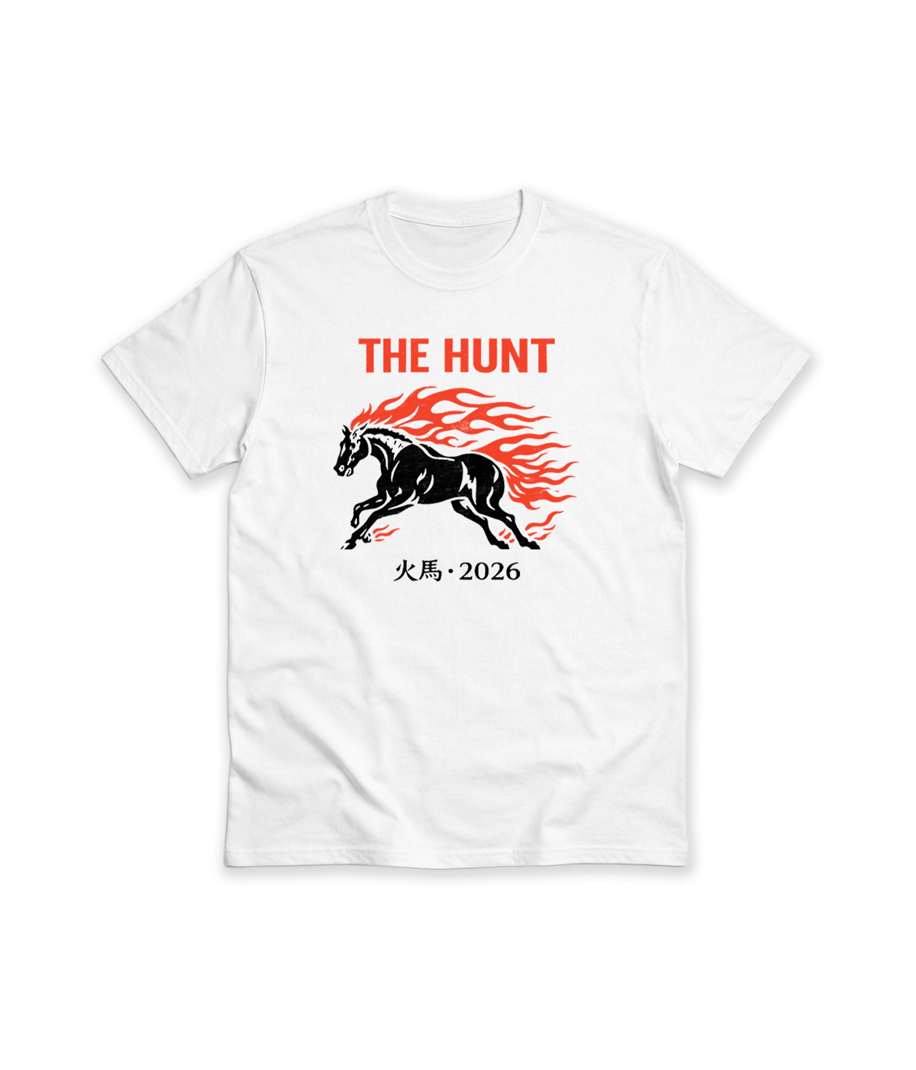 White t-shirt with a horse graphic and text on a white background