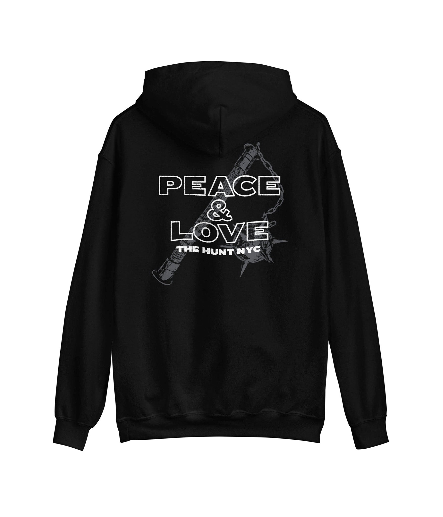 Black hoodie with 'Peace & Love' and 'The Hunt NYC' text on the back against a white background