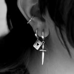 Sterling Silver Ace of Spades Hoop Earring pendant on model 