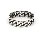 Top-down view of THE HUNT NYC FUTABA Cuban Ring highlighting bold chain-link texture in handcrafted silver
