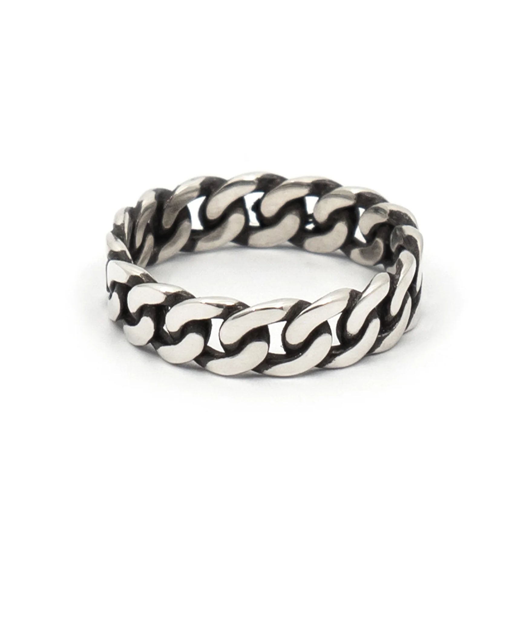 Top-down view of THE HUNT NYC FUTABA Cuban Ring highlighting bold chain-link texture in handcrafted silver
