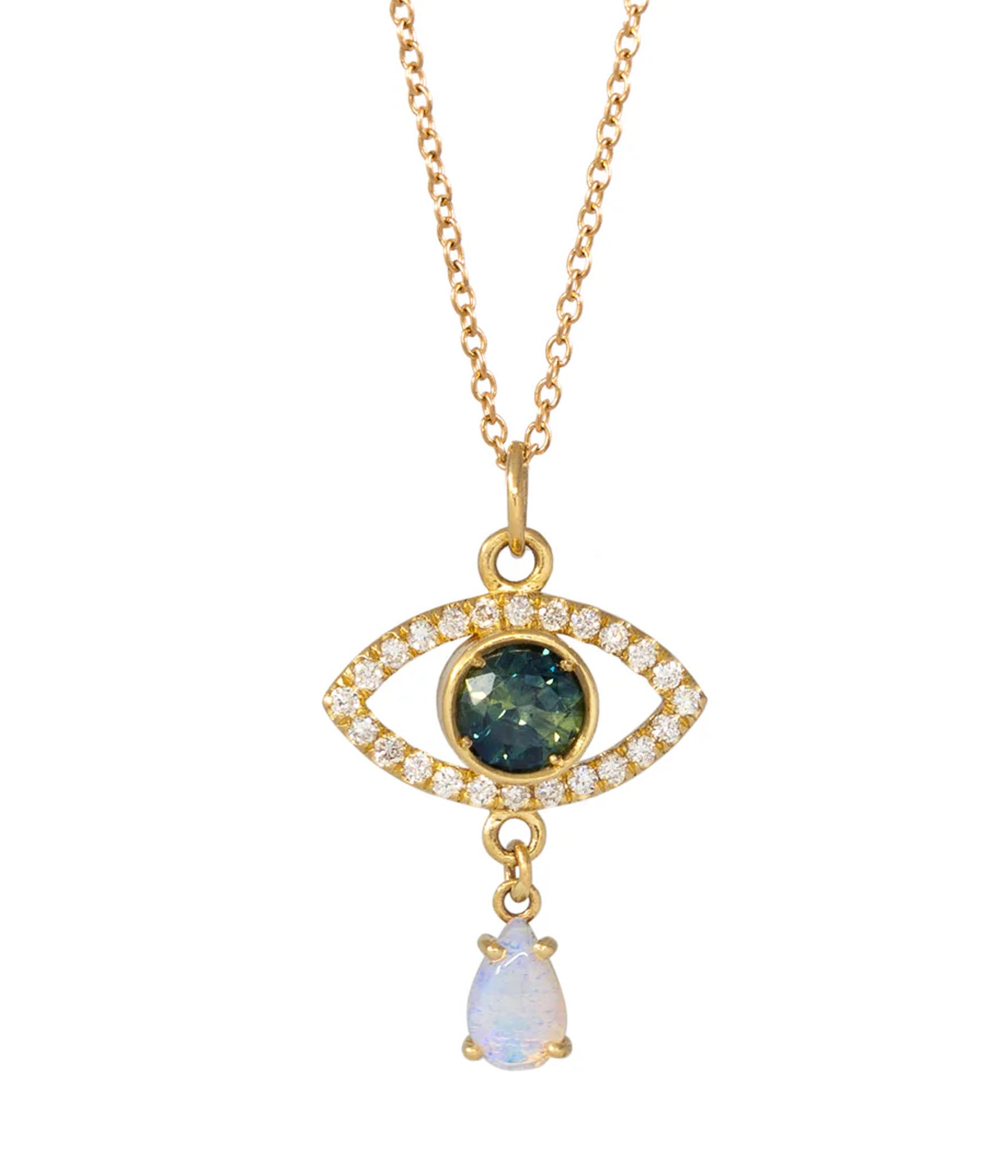 A breathtaking eye amulet featuring a faceted sapphire center stone, surrounded by 14 pavé-set diamonds, and adorned with an opal teardrop.